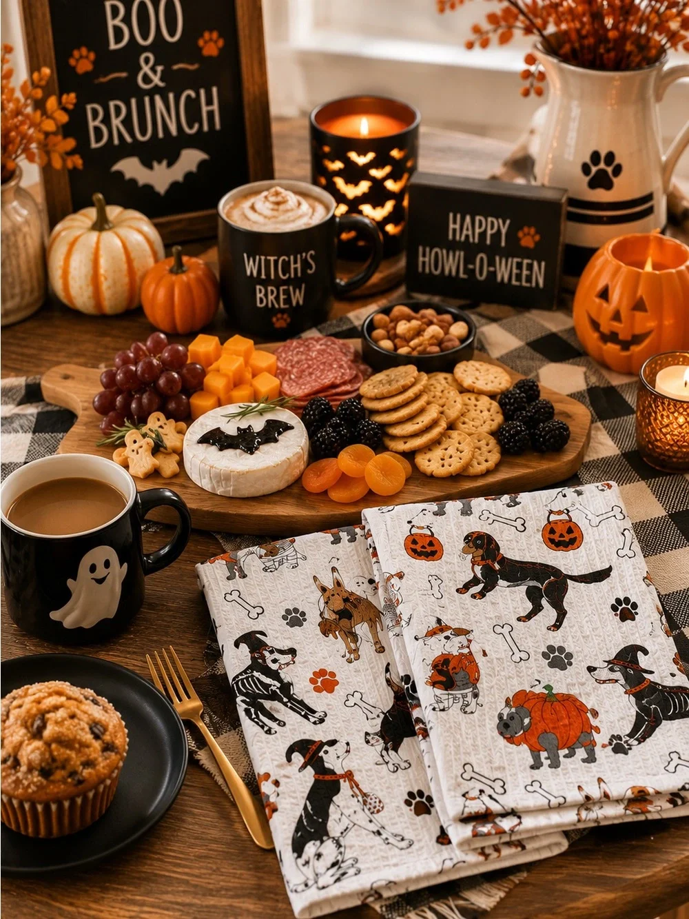MAKERY Halloween Dog Tea Towels Set of 2 Cotton Kitchen Towels Ghosts Skeletons